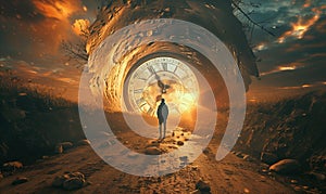 man standing in front of big clock, time spending and transience concept, desert fantasy world photo
