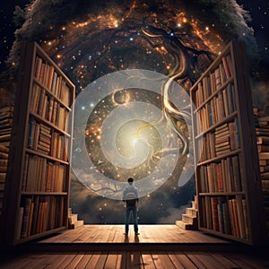 A man standing in front of a bookcase with a giant open door to a universe, AI
