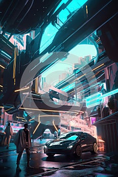 A man standing in front of a car in a futuristic city. Generative AI image.