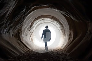 man standing in front of a cave entrance. Neural network AI generated