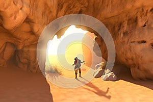 man standing in front of a cave entrance. Neural network AI generated