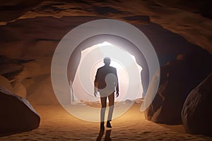 man standing in front of a cave entrance. Neural network AI generated