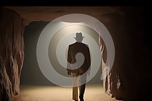 man standing in front of a cave entrance. Neural network AI generated