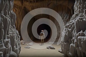 man standing in front of a cave entrance. Neural network AI generated