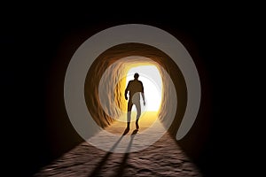 man standing in front of a cave entrance. Neural network AI generated