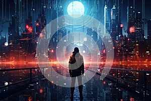 Man Standing in Front of City at Night, Urban Landscape Photography, Visualize a skilled cyberpunk hacker operating within a