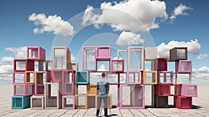 A man standing in front of a colorful structure. Generative AI image.