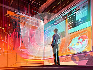 A man standing in front of a computer screen. AI generative image