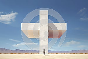 Man standing in front of a cross in the middle of the desert. Bring His word to the world