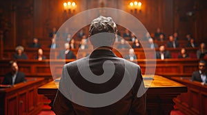 Man Standing in Front of a Crowded Courtroom