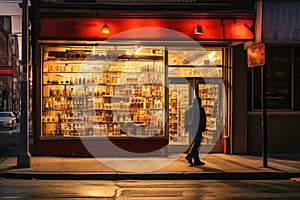 A man standing in front of a display of bottles in alcohol store.