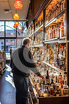 A man standing in front of a display of bottles in alcohol store.