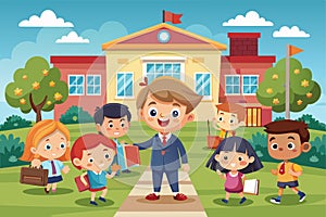 A man standing in front of a diverse group of children, possibly a teacher or speaker, Back to school Customizable Cartoon