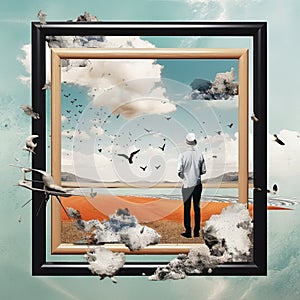 a man standing in front of a frame with birds flying in the background