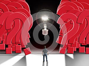 Man standing in front of glowing lightbulb parting a giant wall of question marks