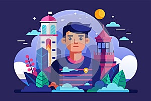 A man standing in front of a grand castle, admiring its architecture and size, Metaverso Customizable Semi Flat Illustration photo