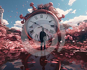 a man standing in front of a large clock