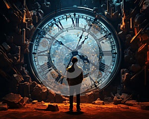a man standing in front of a large clock