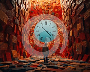 a man standing in front of a large clock