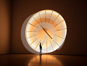a man standing in front of a large clock