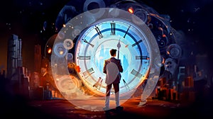 Man standing in front of large clock with city in the background. Generative AI