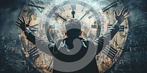 Man Standing in Front of Large Clock. Generative AI