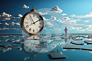 A man standing in front of a large clock. Generative AI image.