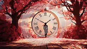 A man standing in front of a large clock. Generative AI image.