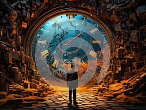 a man standing in front of a large clock