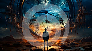 Man standing in front of large clock in the sky. Generative AI