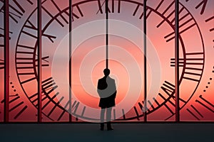 a man standing in front of a large clock at sunset