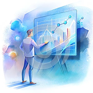 A man is standing in front of a large digital screen displaying financial data.