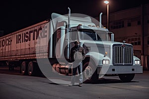 a man standing in front of a large semi truck. Generative Ai