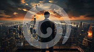 A man standing in front of a large window over. Generative AI.