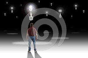 Man standing in front of light bulb with glowing money symbol representing great money making idea