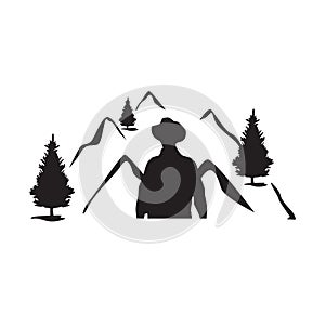 man standing in front of mounntain adventure vector logo design template background