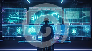 A man standing in front of multiple monitors. AI generative image