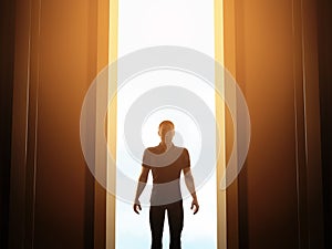 Man standing in front of mysterious open door