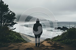 Man standing in front of the ocean and looking at the stormy sea - Generative AI