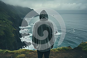 Man standing in front of the ocean and looking at the stormy sea - Generative AI