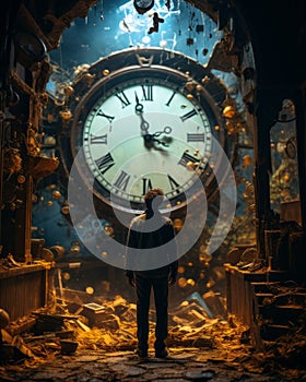 a man standing in front of an old clock