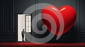 A man standing in front of an open door with a large red heart, AI