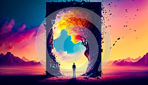 Man standing in front of open door with tree on it. Generative AI