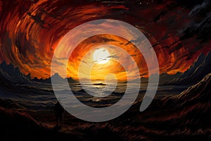 a man standing in front of an orange and red sunset