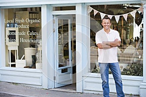 Man standing in front of organic food store