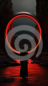 A man standing in front of a red circle. Generative AI image.