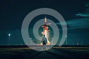 a man standing in front of a rocket at night