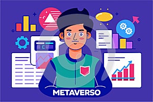 A man standing in front of a solid purple background, Metaverso Customizable Disproportionate Illustration photo