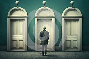Man standing in front of three doors choosing right one, choice concept, generative AI