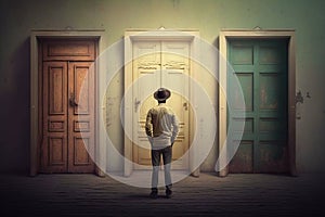 Man standing in front of three doors choosing right one, choice concept, generative AI